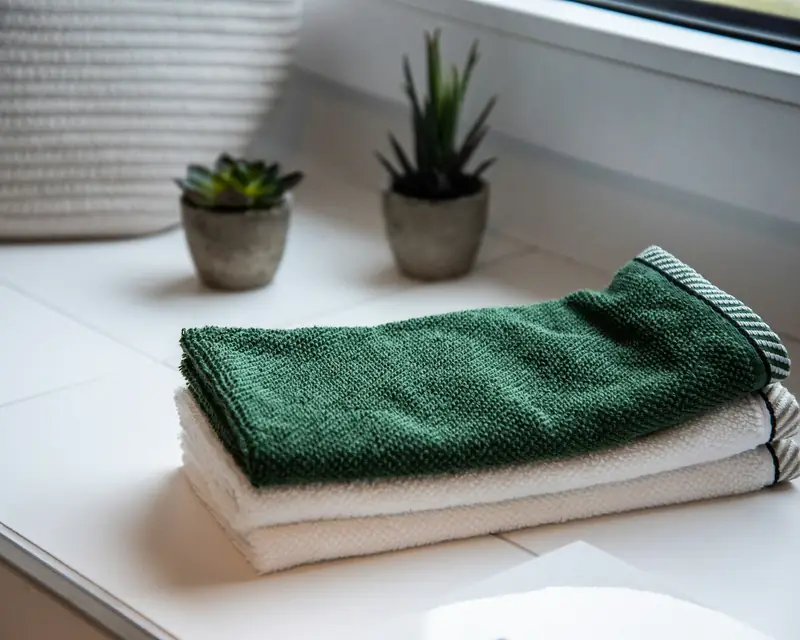 Folded green and white microfibre cloths on a white window sill beside two small potted plants