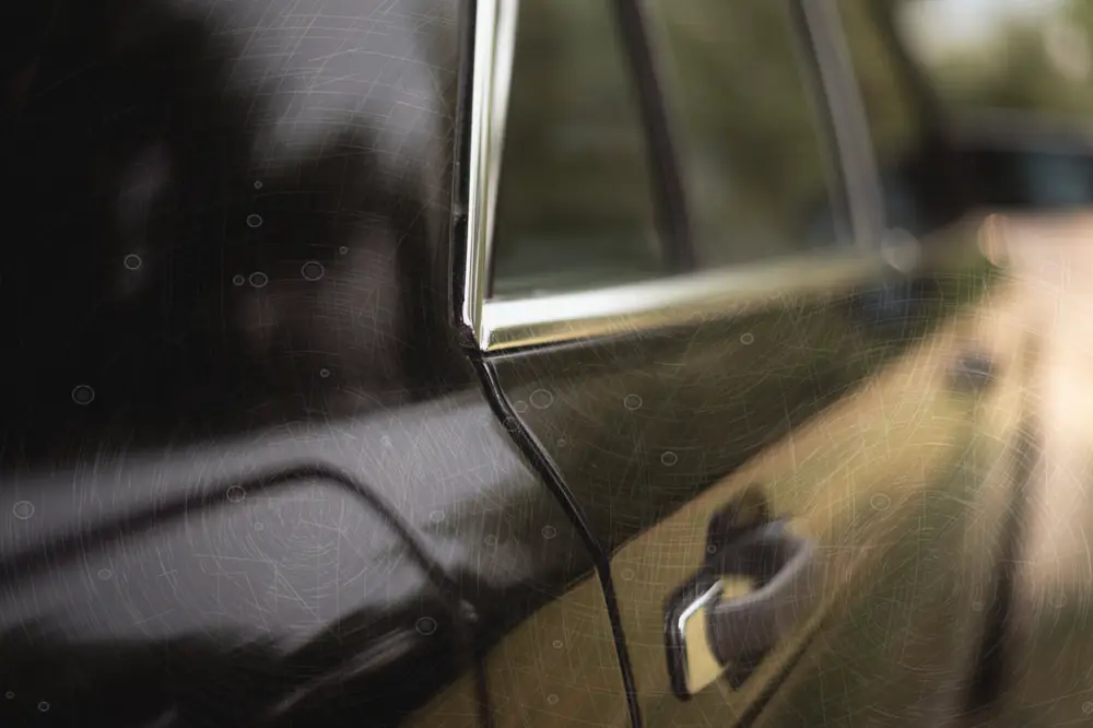 The same door before polishing, hazy and covered in fine circular swirl marks and water spots
