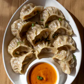Boiled pork dumplings on a white plate with a small bowl of orange chili dip