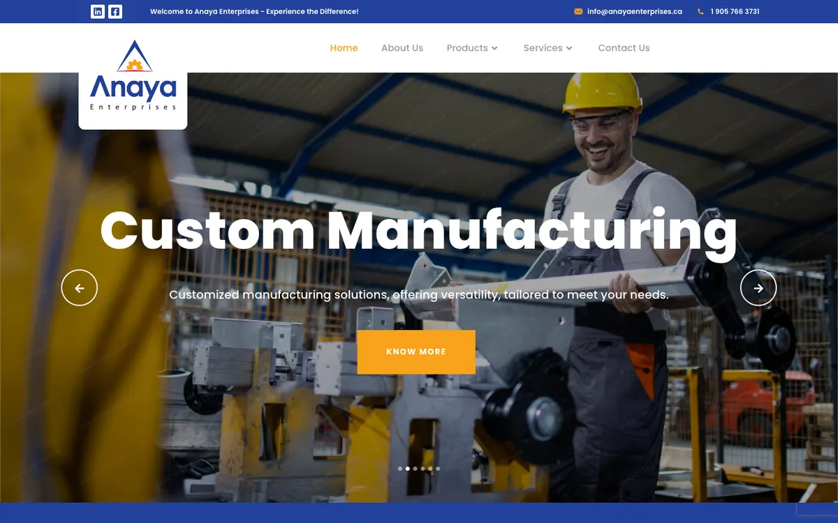 The old Anaya Enterprises homepage on a computer: a blue bar with the email and phone number, the logo and menu, and a slider photo of a worker carrying a steel part under the words Custom Manufacturing and a Know More button.