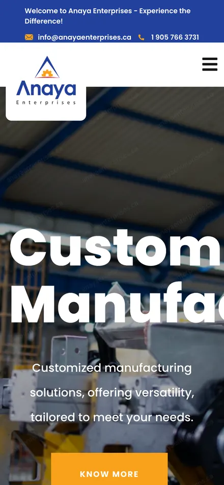 The old Anaya Enterprises homepage on a phone: the blue contact bar, the logo, and the slider headline Custom Manufacturing running off the right edge of the screen.