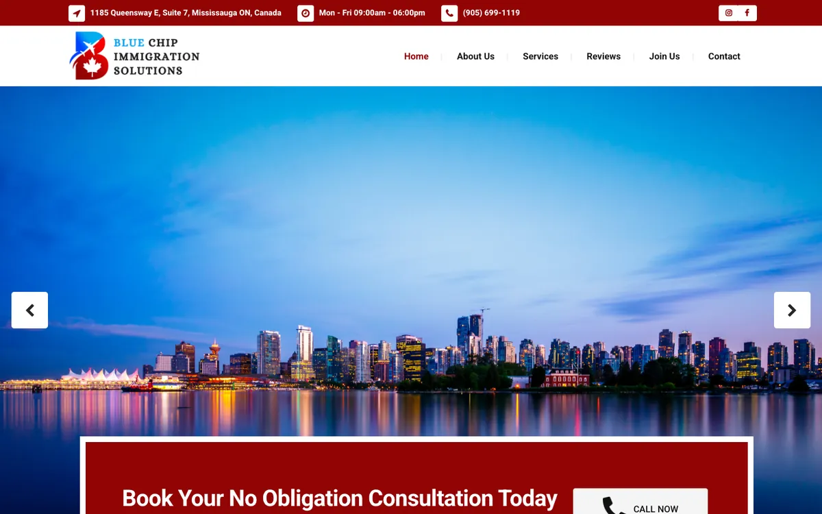 The old Blue Chip Immigration homepage on a computer: a maroon bar with the address and phone number, the logo and menu, and a large photo of the Vancouver skyline with slider arrows.
