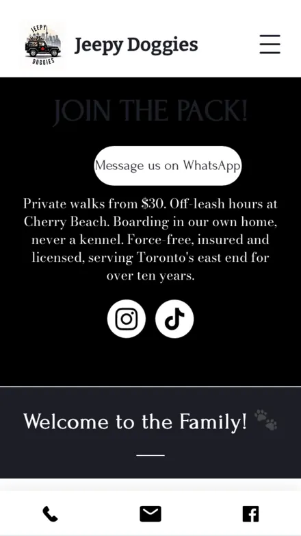 The old Jeepy Doggies homepage on a smaller phone: the logo, a black panel where the Join the pack heading is barely visible, a WhatsApp button, and call, email and Facebook icons along the bottom.