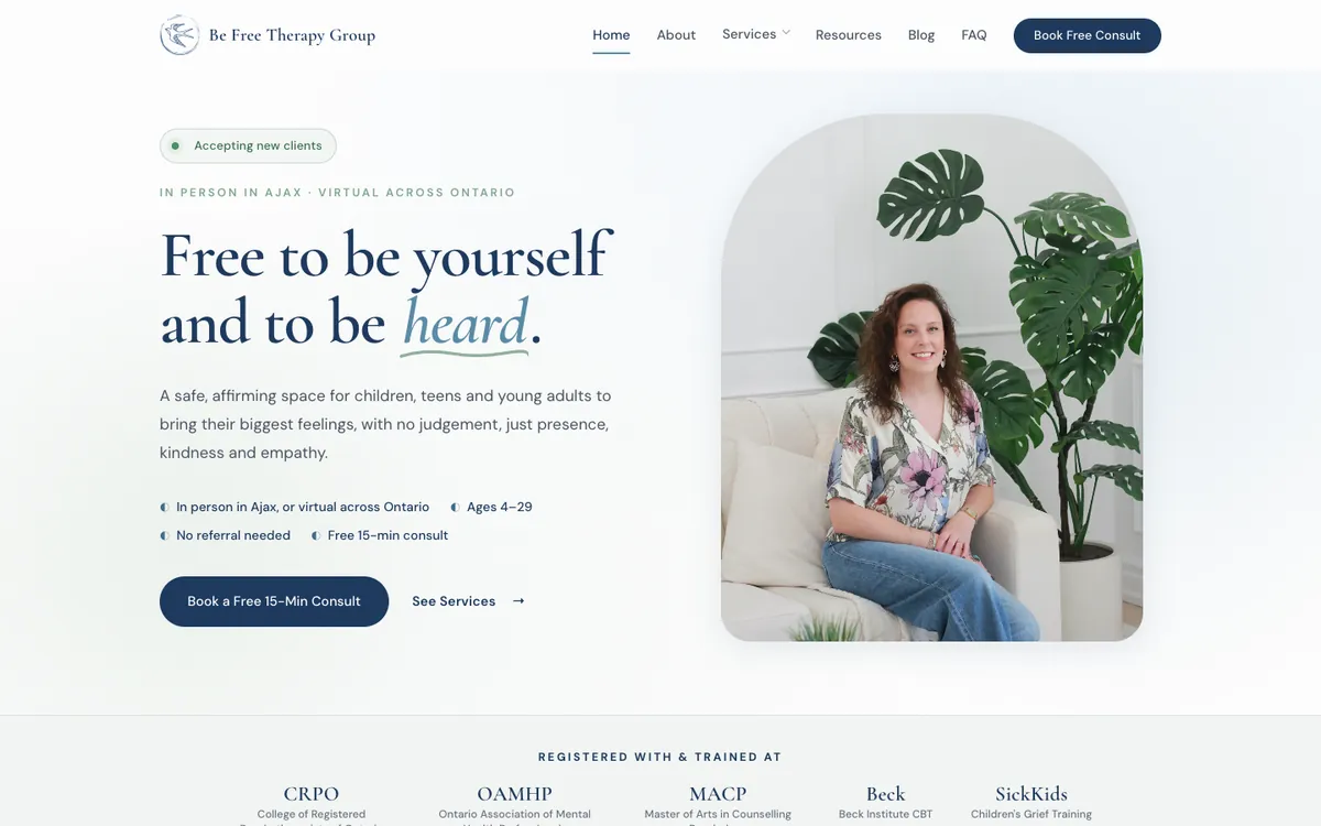 Be Free Therapy Group homepage on a computer