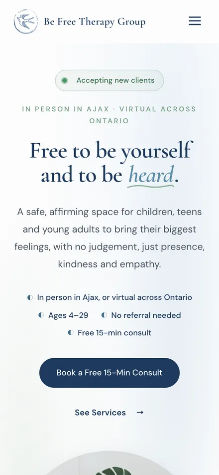 Be Free Therapy Group homepage on a phone