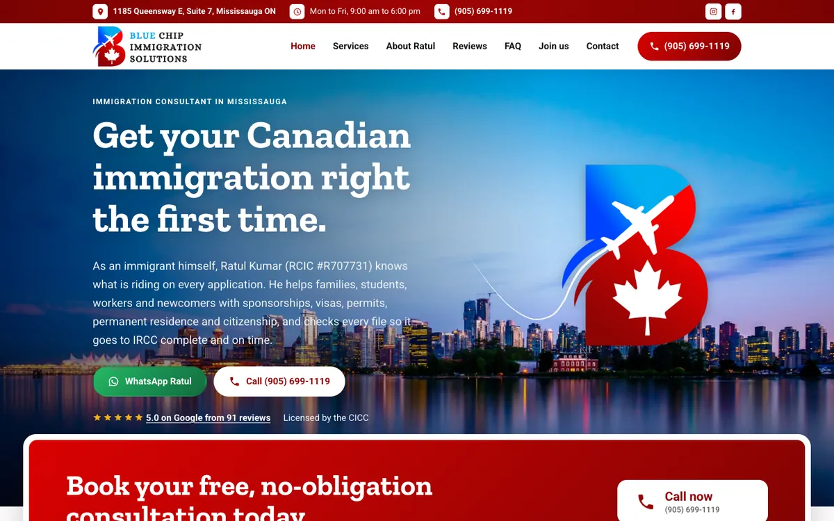 Blue Chip Immigration homepage on a computer