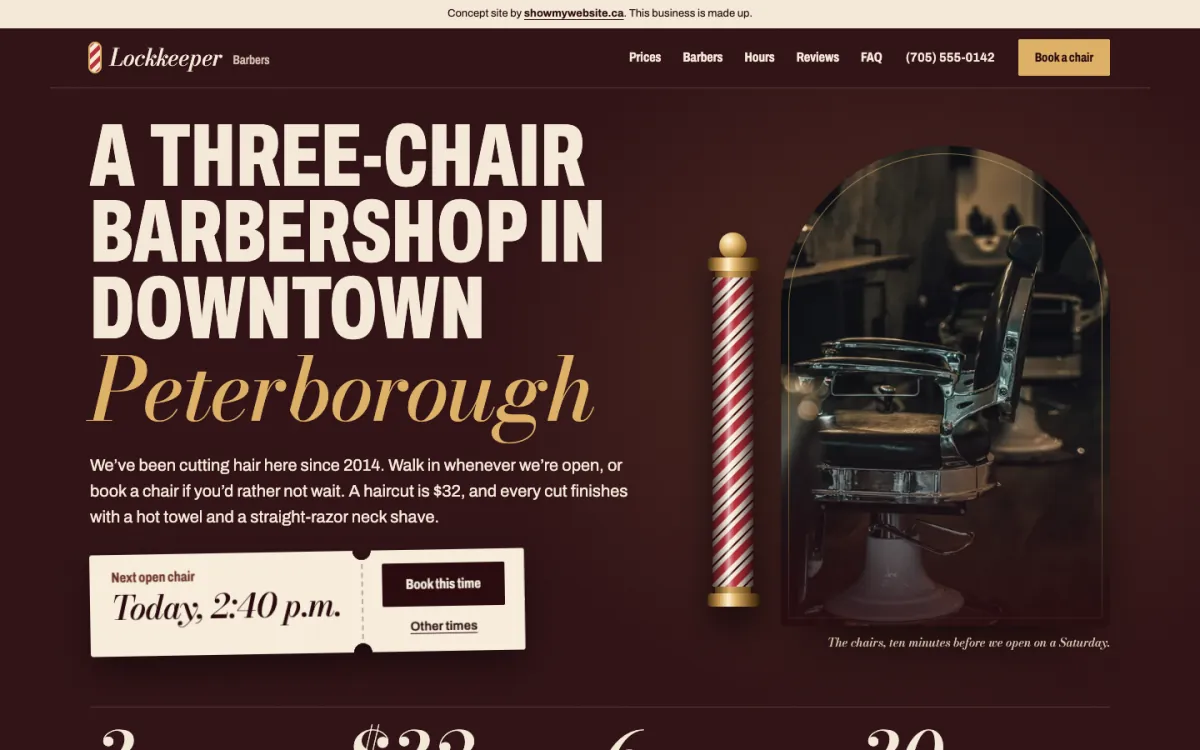 The Lockkeeper Barbers demo website on a computer
