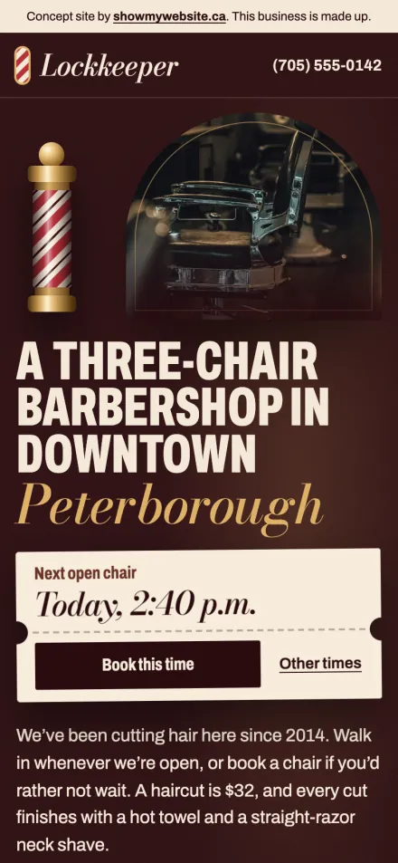 The Lockkeeper Barbers demo website on a phone