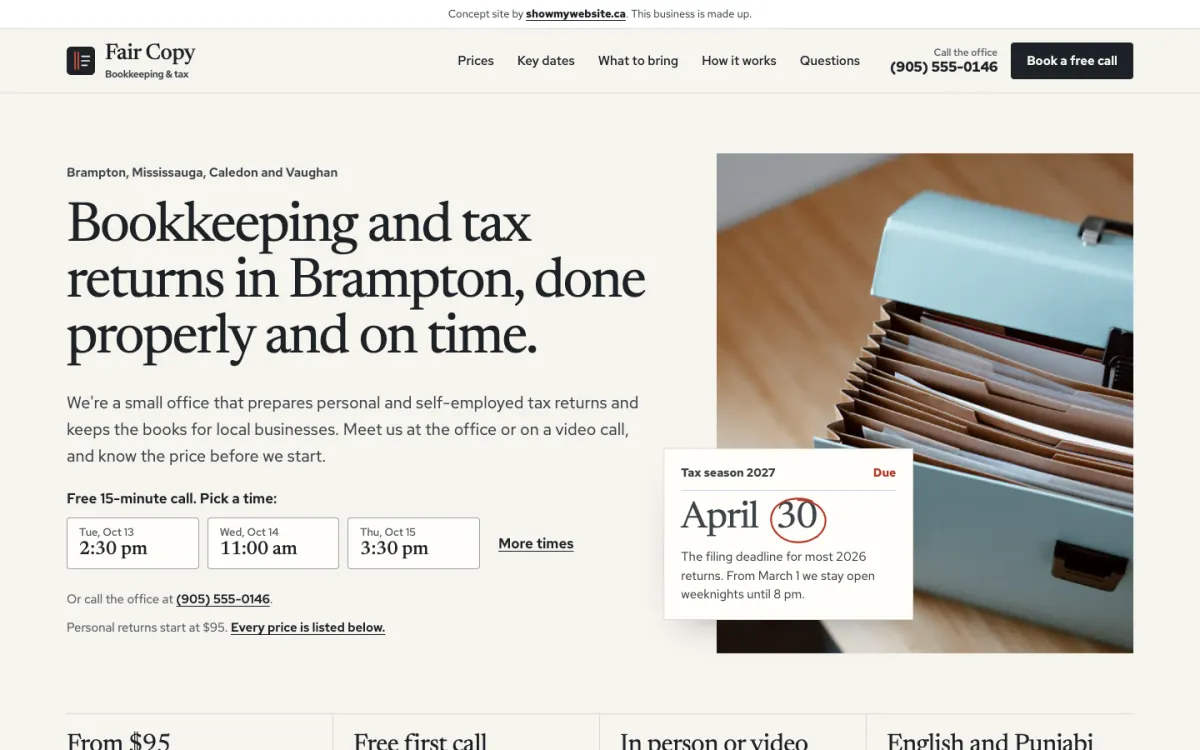 The Fair Copy Bookkeeping & Tax demo website on a computer