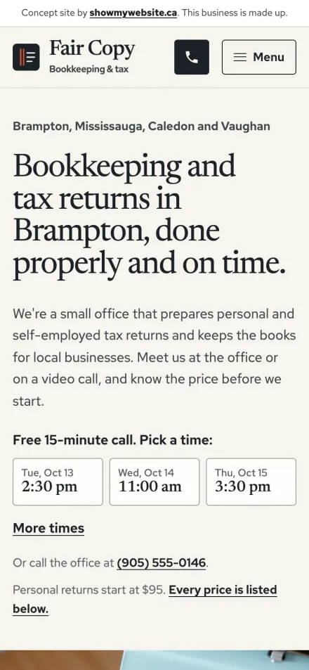 The Fair Copy Bookkeeping & Tax demo website on a phone