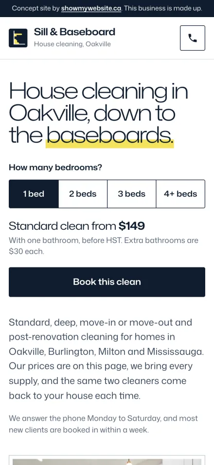 The Sill & Baseboard demo website on a phone
