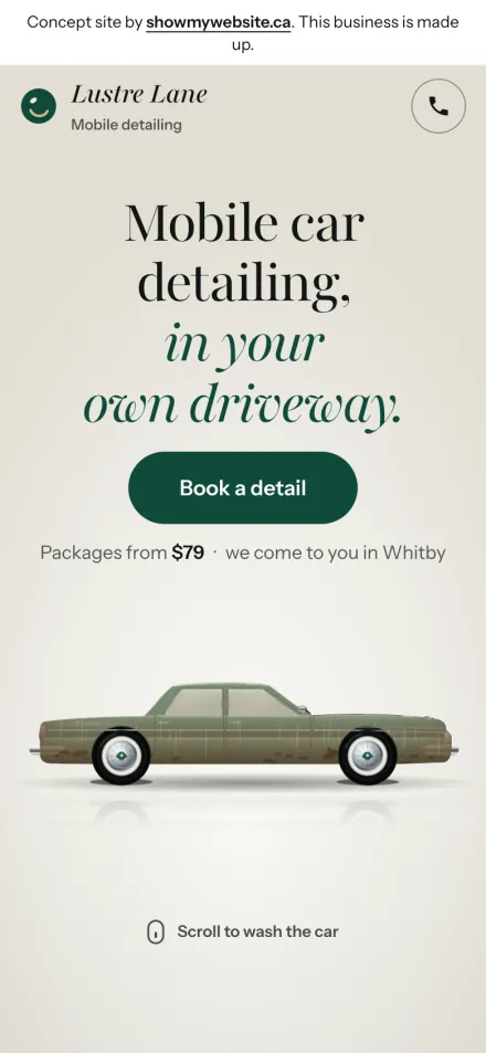 The Lustre Lane Mobile Detailing concept site on a phone