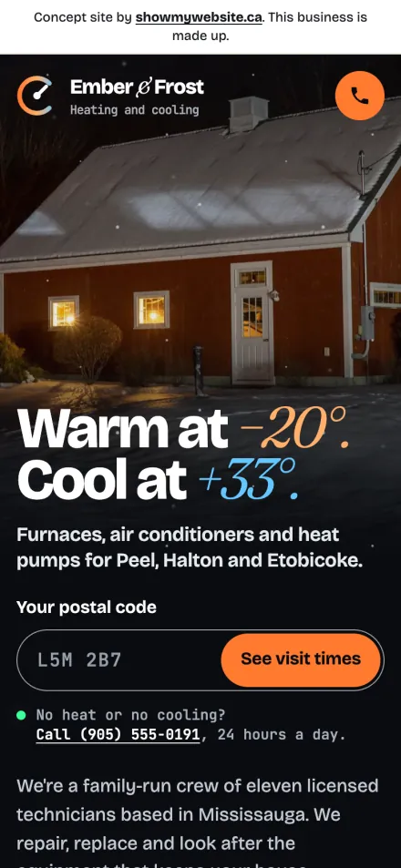 The Ember & Frost demo website on a phone