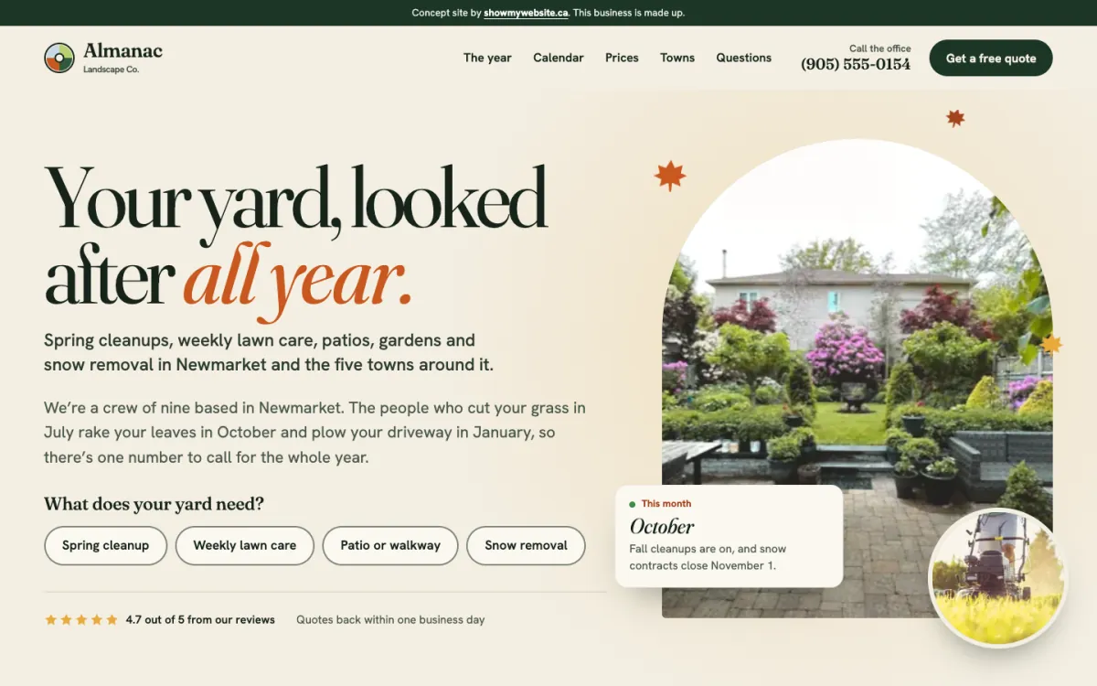 The Almanac Landscape Co. demo website on a computer