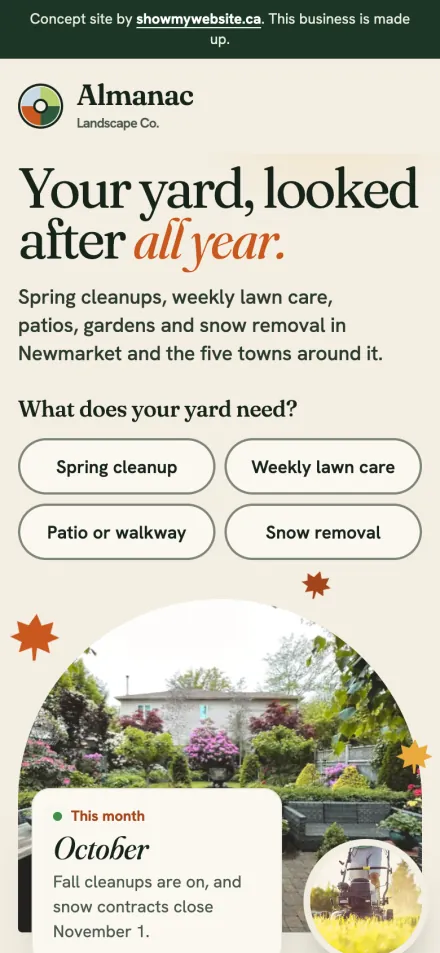 The Almanac Landscape Co. demo website on a phone