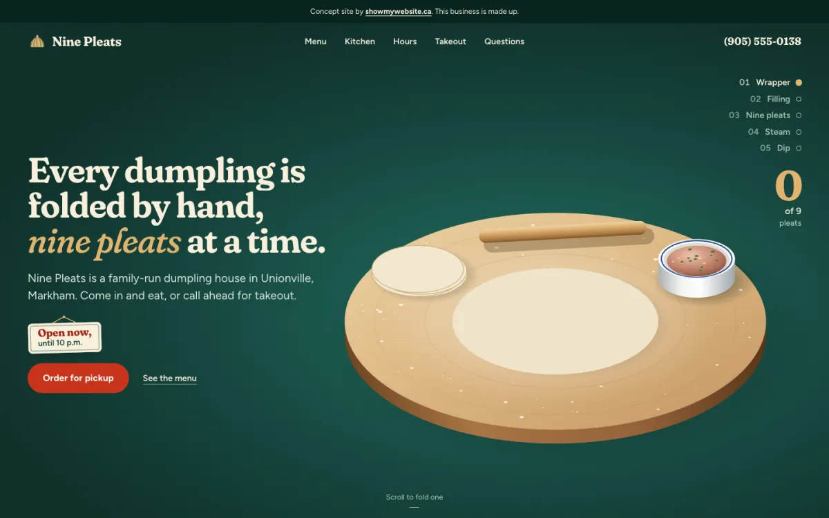 The Nine Pleats Dumpling House demo website on a computer