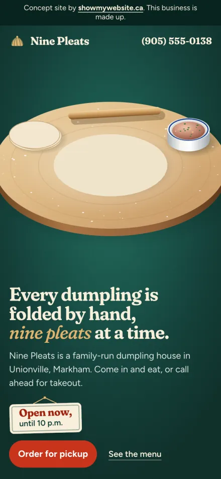 The Nine Pleats Dumpling House demo website on a phone