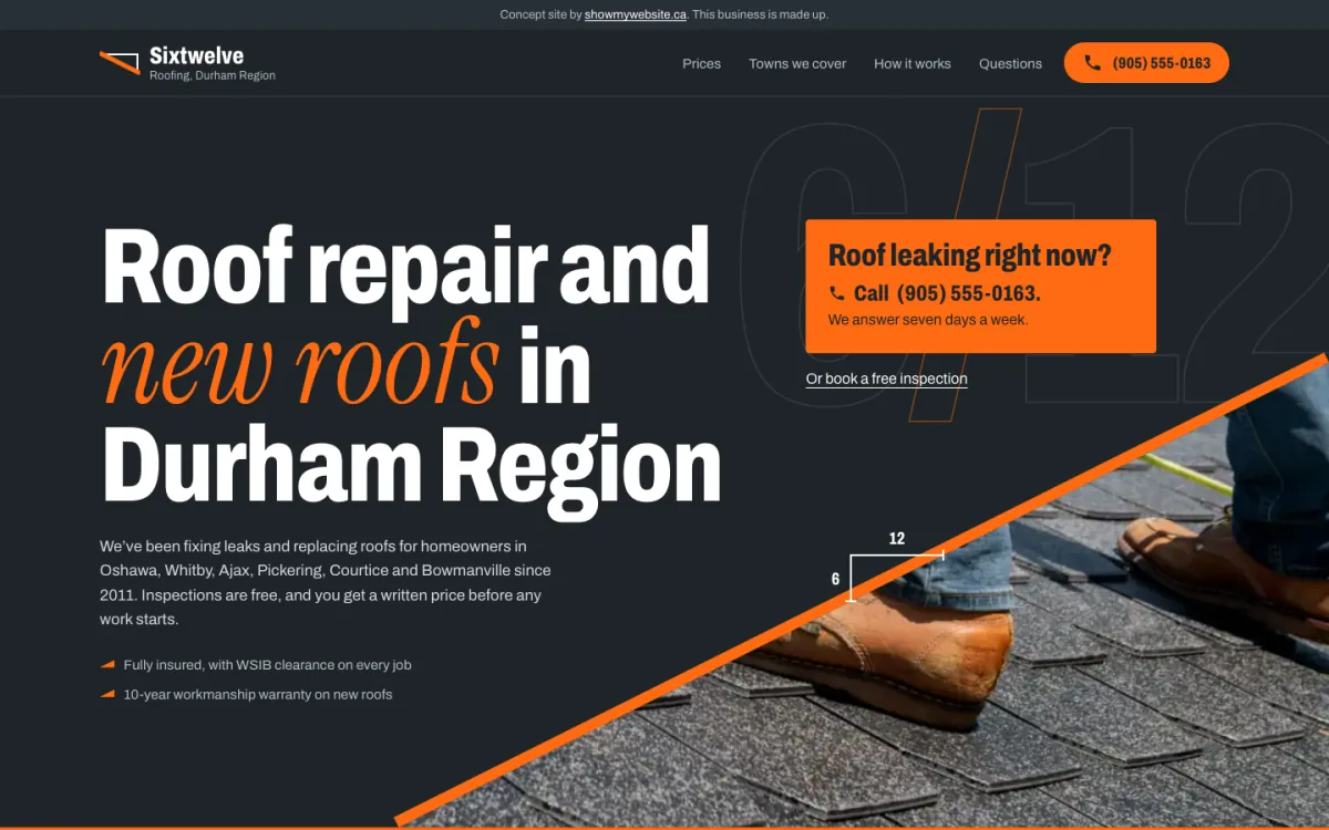 The Sixtwelve Roofing demo website on a computer