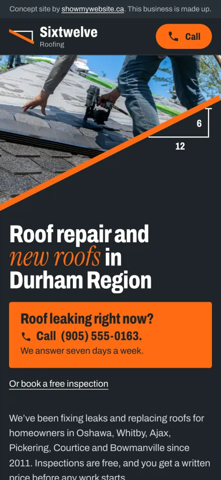 The Sixtwelve Roofing demo website on a phone